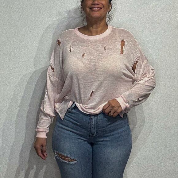 IRO Jeans Pink Lyzza Distressed Oversized Long Sleeve Top Sz S - Picture 1 of 11